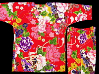 義若オリジナルの子供鯉口シャツ　ダボシャツ　金彩牡丹と桜（赤）